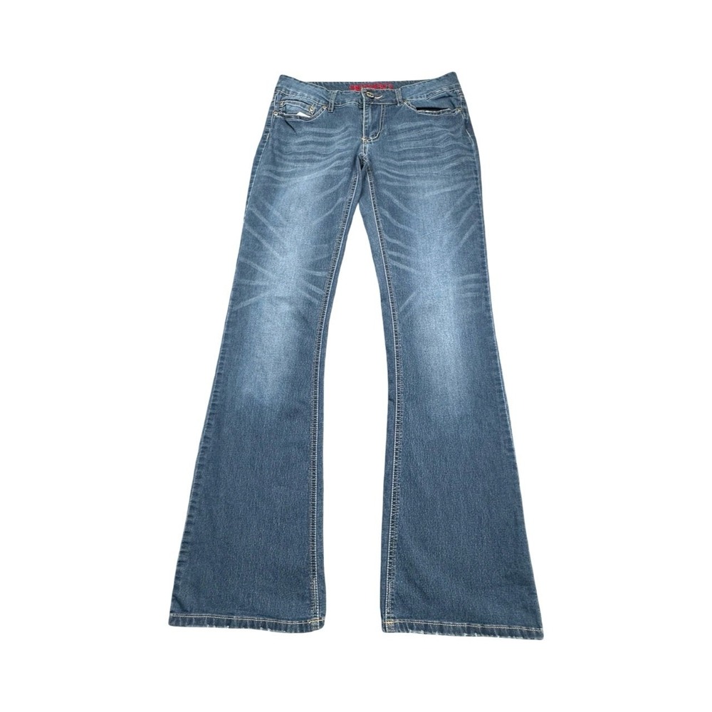 Bongo Jeans Womens 5‎ Blue Flare Denim Low Rise Whiskered Embellished Y2K Retro